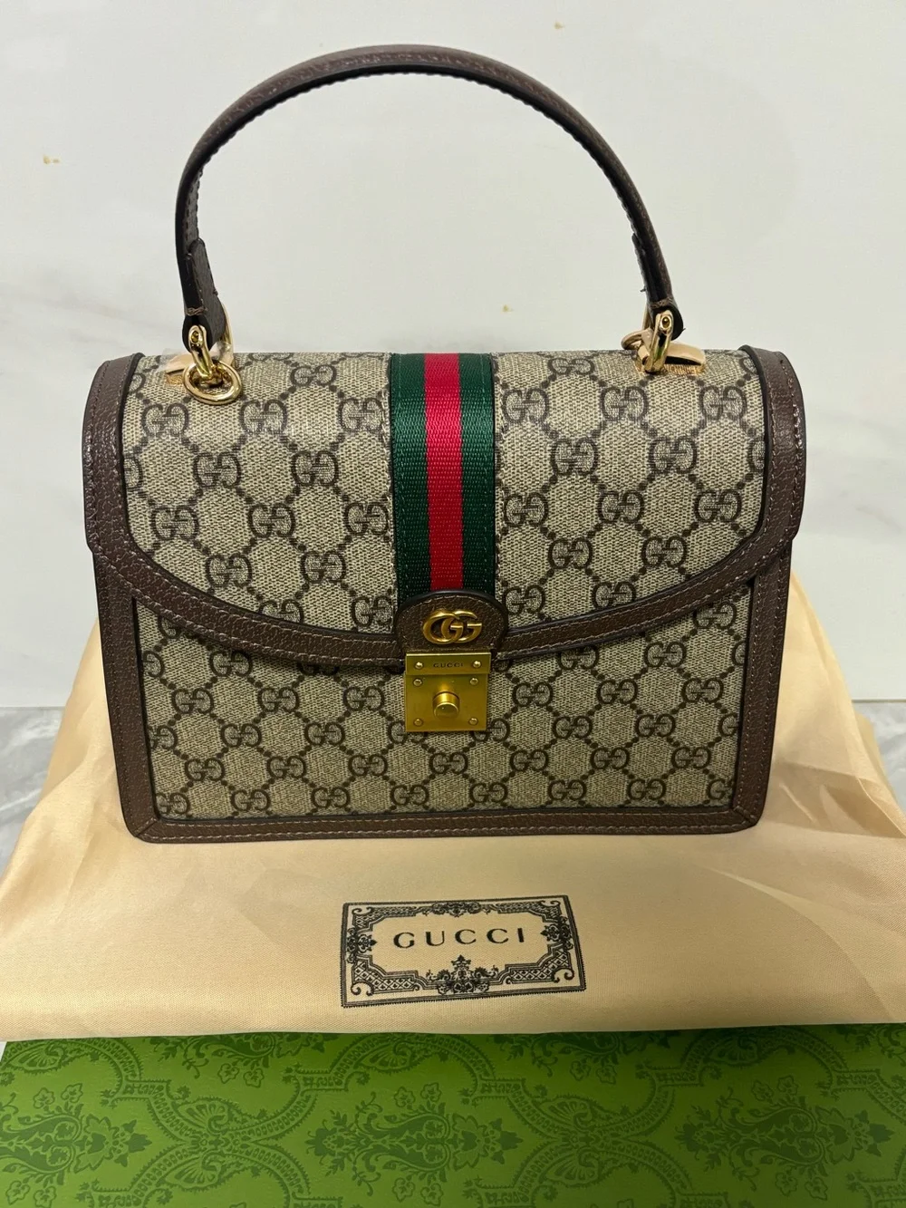 Beige GG Gucci Supreme Top Handle Satchel with Brown Trim and Green-Red Stripe